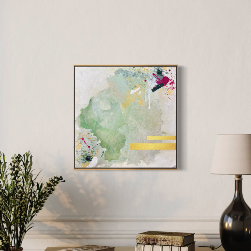 Abstraktes grünes Kunstwerk mit gold und pink von Georgia Thie
