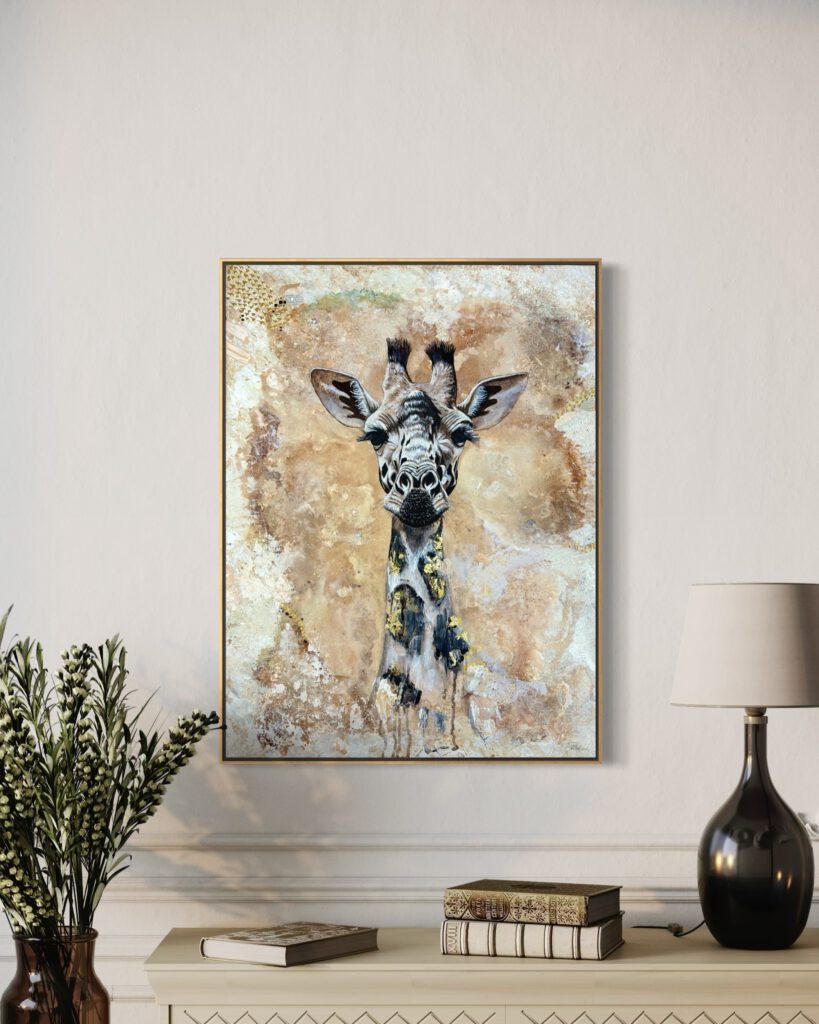 Acrylwerk Giraffe in schwarz weiß beige und goldtönen von Georgia Thie
